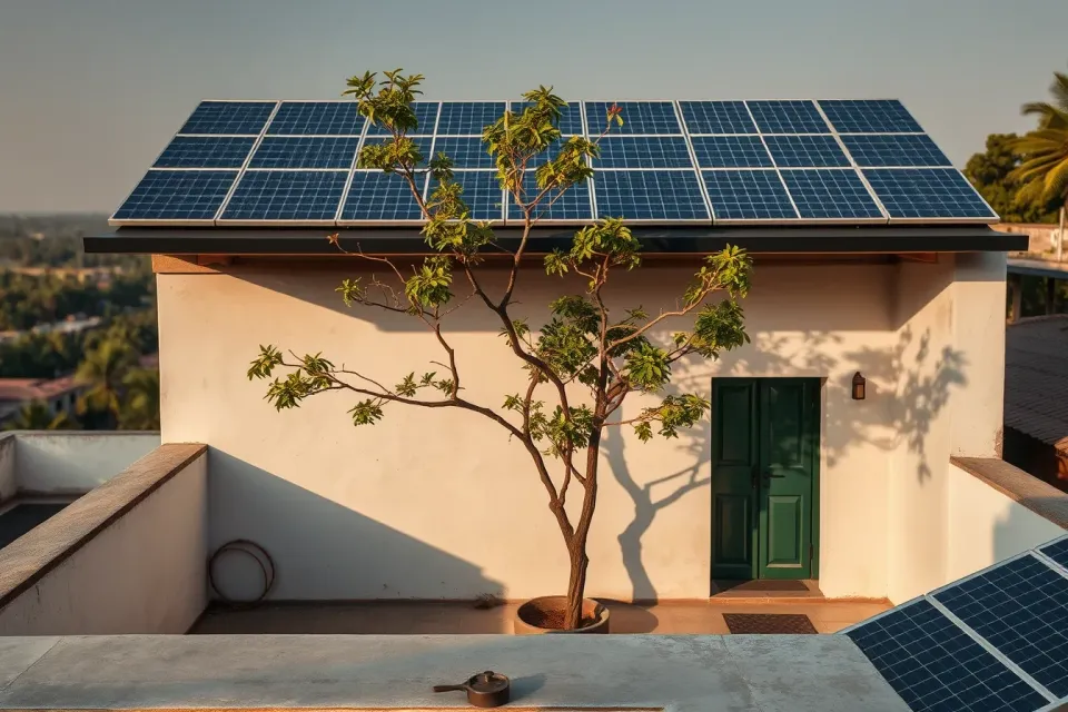 AI-generated rooftop living concept with solar panels, a courtyard tree and a green door