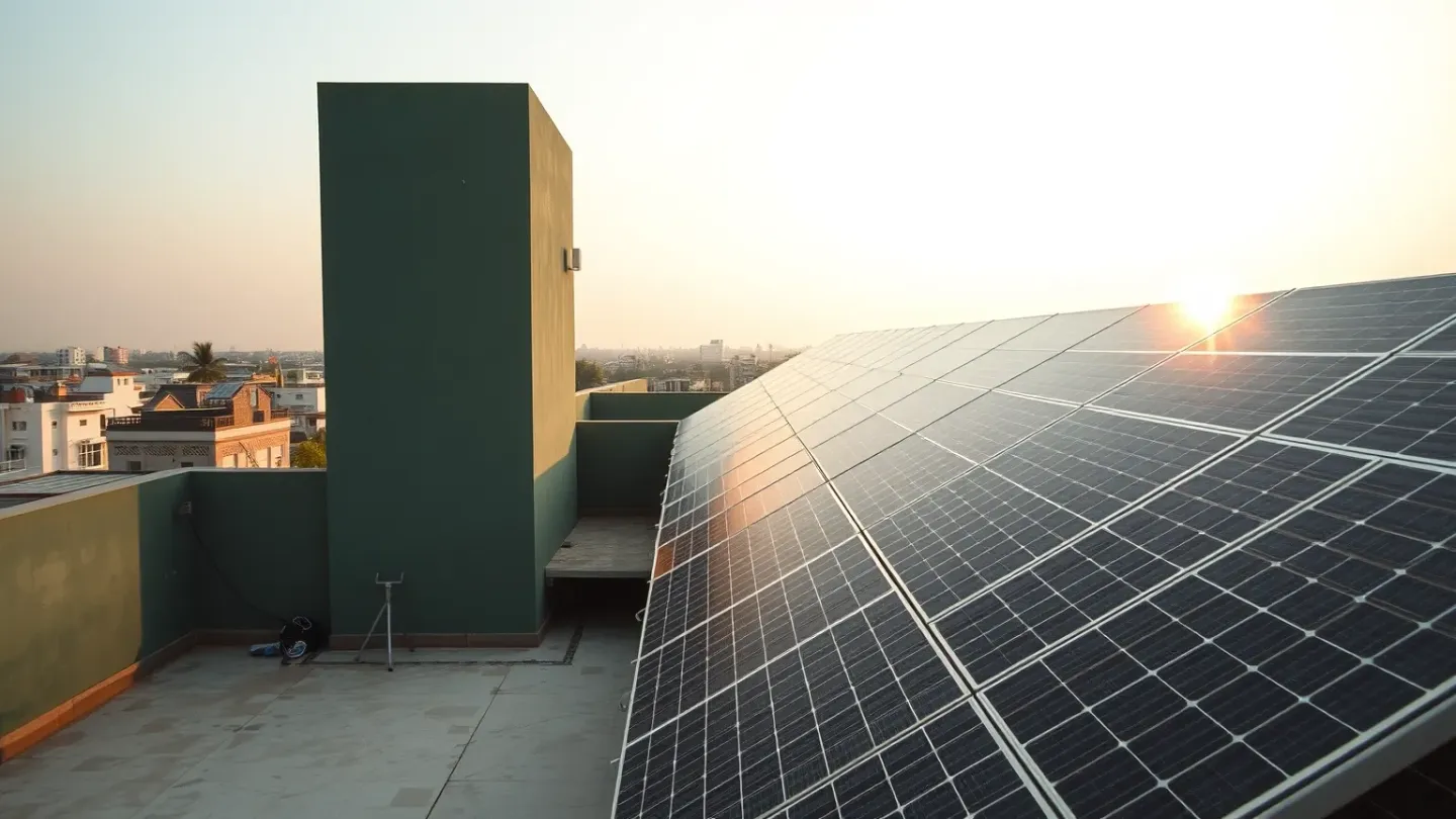 AI-generated concept of photovoltaic panels catching morning sunlight on a North Indian rooftop